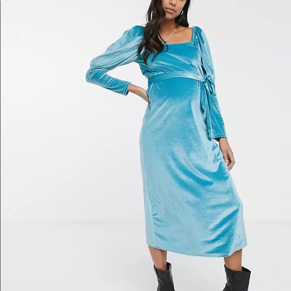 NWT Maternity Aqua Velvet Puff Long Sleeve Dress Size 8 - Picture 2 of 16